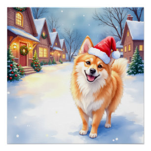 Poster Lapphund finlandais Village enneigé Chapeau de Pèr
