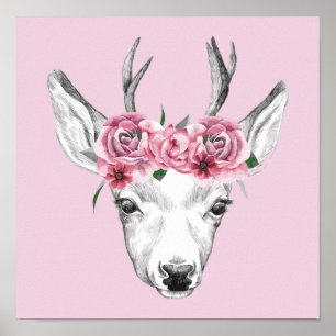 Poster L'aquarelle fleurit des cerfs communs