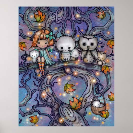 Poster L'Arbre d'Automne - Chats Hiboux Art Féerique (Devant)