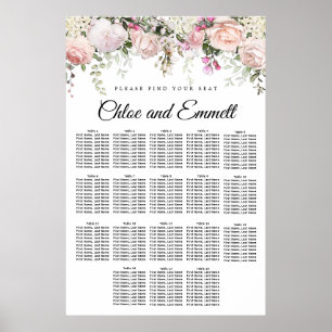 Poster Large Pink Floral 18-Table Wedding Seating Chart