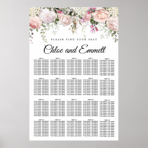 Poster Large Pink Floral 20-Table Wedding Seating Chart