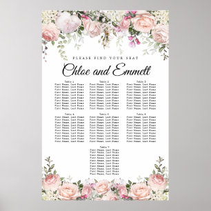 Poster Large Pink Floral 7-Table Wedding Seating Chart