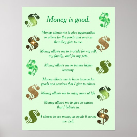 Poster L'argent est bon, affirmations positives signes de (Devant)