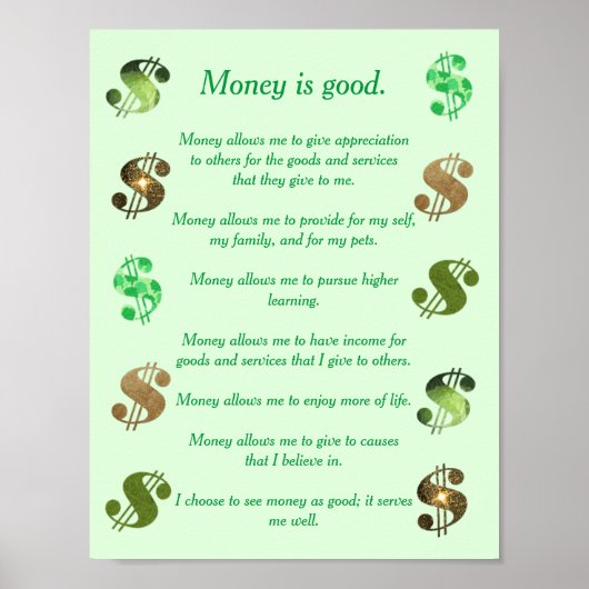 Poster L'argent est bon, déclarations positives signes do (Devant)