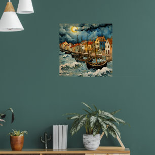 Poster L'art captivant des pêcheurs dans la nuit orageuse