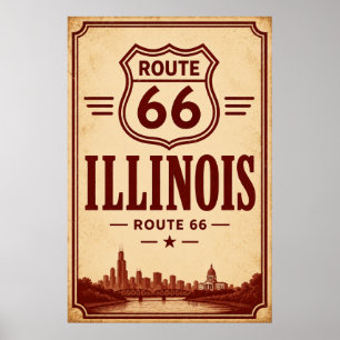 Poster L'art de la Route 66 vintage à Illinois City Skyli