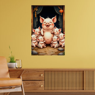 Poster L'art du cochon - Mère et porcelets