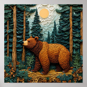 Poster L'art en papier découpé d'ours grizzly 🐻 Nature d