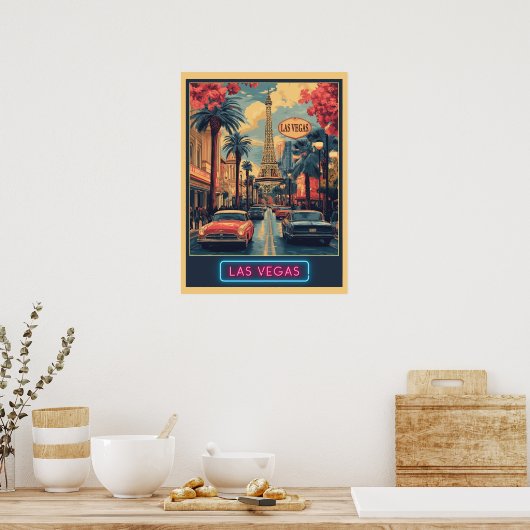Poster Las Vegas Cityscape avec Tour Eiffel - Rétro (Cuisine)
