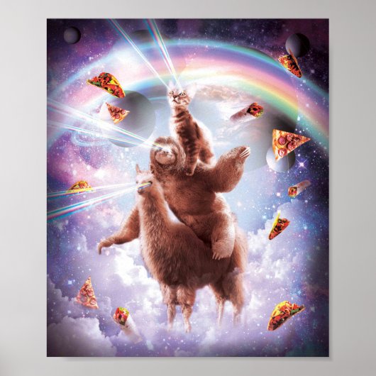Poster Laser Eyes Space Cat Riding Sloth, Llama - Arc-en- (Devant)