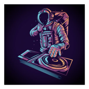 Poster L'astronaute DJ Disk Jockey joue de la musique dan