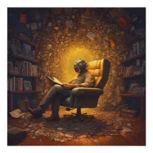 Poster L'astronaute lit un livre