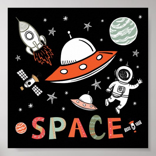 Poster L'astronaute spatiale lance des roquettes sur des (Devant)