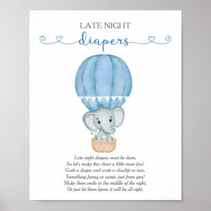 Poster Late Night Diapers Blue Elephant Baby shower Jeu
