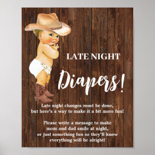 Poster Late Night Diapers Game Cowboy Baby Shower Sign