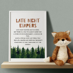 Poster Late Night Diapers Woodland Baby shower Jeu
