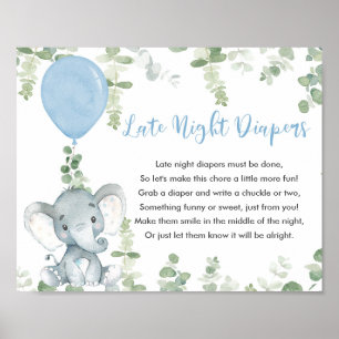 Poster Late nuit couches baby shower jeu bleu éléphant