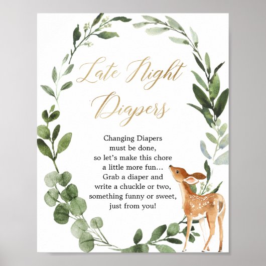 Poster Late nuit couches Deer verdure baby shower or (Devant)
