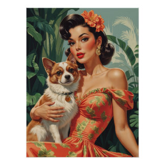 Poster Latina Pin Up avec un chien mignon