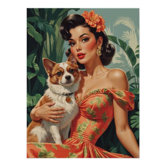 Poster Latina Pin Up avec un chien mignon (Devant)