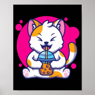 Poster Laughing Cat Neko Kawaii Boba Tea In Anime Style 