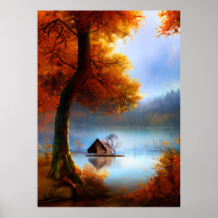 Poster L'automne classique une hutte un lac arbres cramso