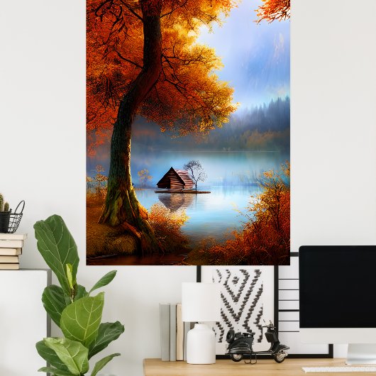 Poster L'automne classique une hutte un lac arbres cramso (Bureau à domicile)