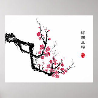 Poster Lavage Oriental Encre Peinture Plum Blossom