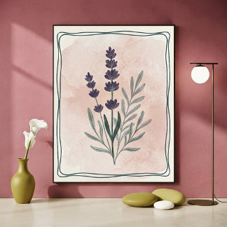 Poster Lavande botanique vintage et blush aquarelle