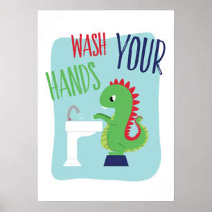 Poster Lave-toi les mains Dino Bathroom Art