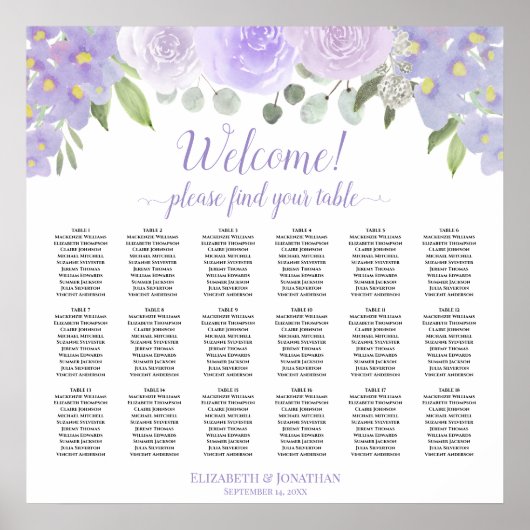 Poster Lavender Floral 18 Table Wedding Seating Chart (Devant)