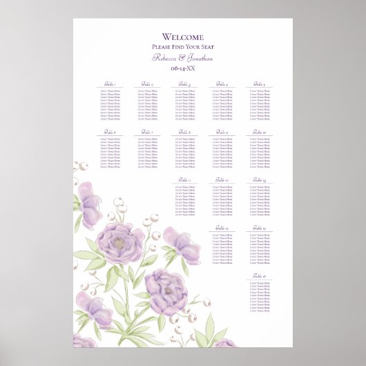 Poster Lavender Purple Rose Wedding Seating Chart (Devant)