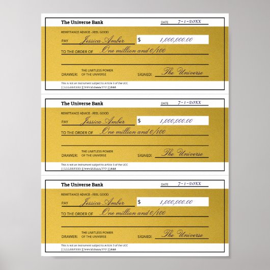 Poster Law of Attraction 3 Blank Printable Gold Checks (Devant)