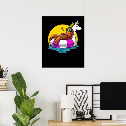 Poster Lazy Sloth Riding Unicorn Float Funny Pool Party (Bureau à domicile)