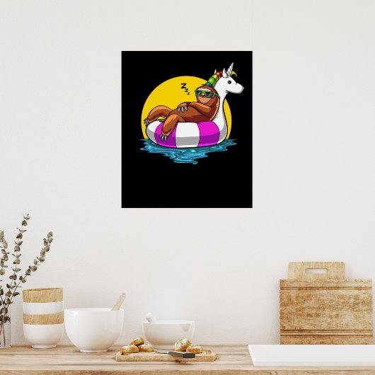 Poster Lazy Sloth Riding Unicorn Float Funny Pool Party (Cuisine)
