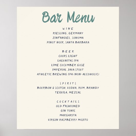 Poster Le Bar Quirky Handwriting Menu Mariage Boissons (Devant)
