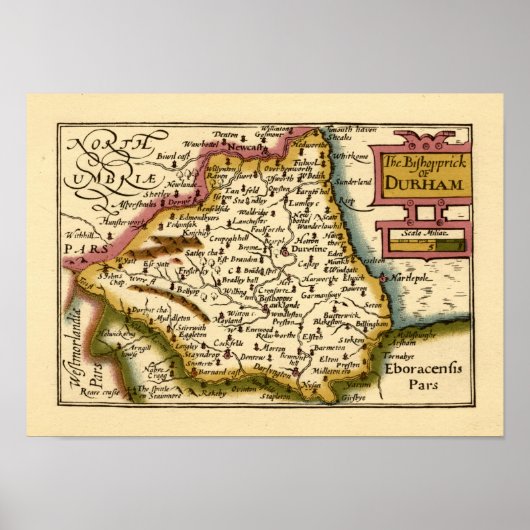 Poster Le Bishopprick de Durham County Map, Angleterre (Devant)