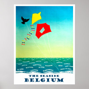 Poster Le bord de mer de Belgique, vol de cerfs-volants,