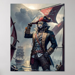 Poster Le capitaine Pirate chat sur un galion qui coule..