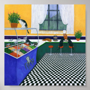 Poster Le Cat Cafe. Art Chat Carré coloré