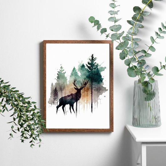 Poster Le cerf d'aquarelle dans les arbres forestiers Nat