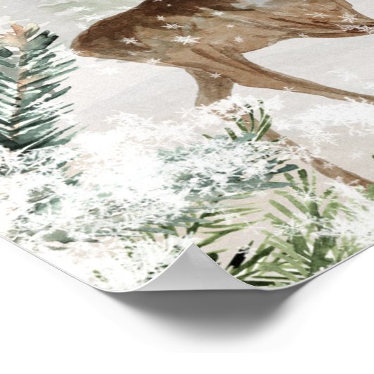 Poster Le cerf d'aquarelle en forêt d'hiver Noël (Coin)