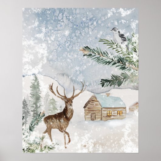 Poster Le cerf d'aquarelle en forêt d'hiver Noël (Devant)