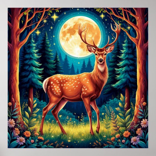 Poster Le cerf majestueux dans une forêt luxuriante (Devant)