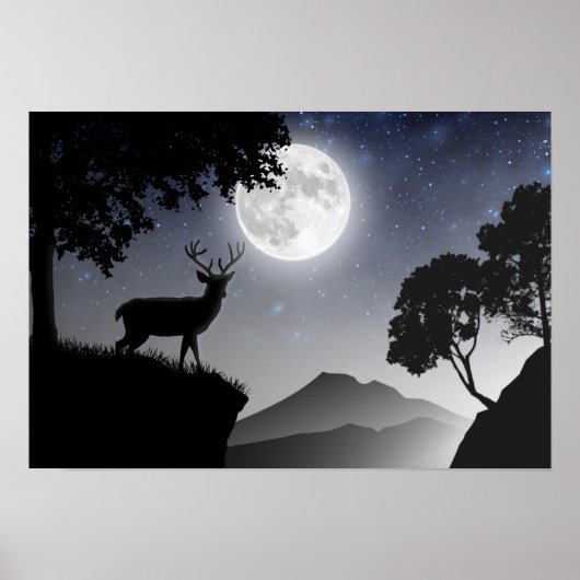 Poster Le cerf sous la lune noir et blanc (Devant)