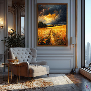 Poster Le champ de blé d'or sous le ciel orageux dans l'i