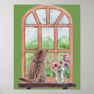 Poster Le chat à la fenêtre Fleurs sereines Pittoresques