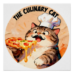 Poster Le Chat Culinaire avec le Chat Chef Pizza Tenant u