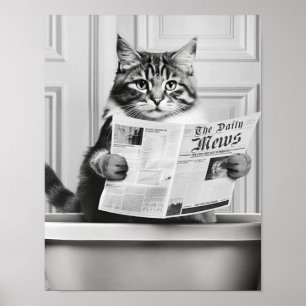 Poster Le chat est assis sur les toilettes, le chat lit u