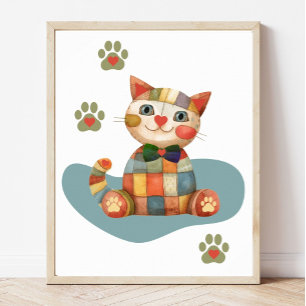 Poster Le chat heureux patchwork coloré personnalisé